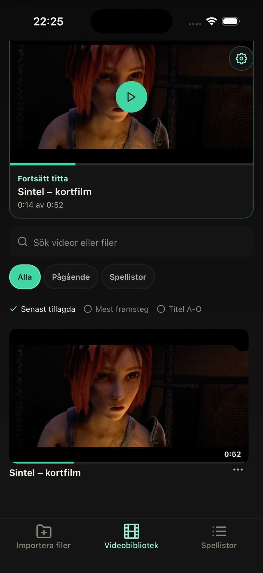 Ravlio-Videothek mit Vorschaubildern und Wiedergabefortschritt